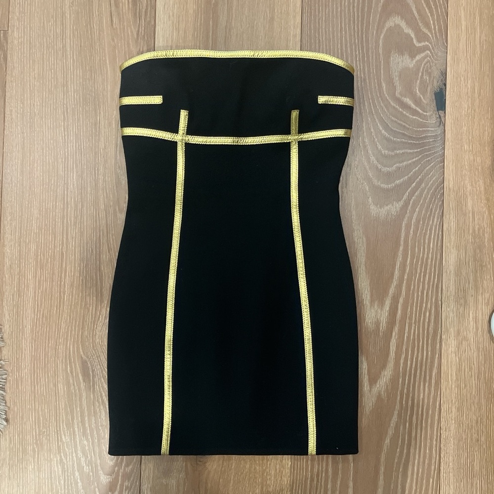 Michael Kors Strapless 2000s Wool Black Dress with Gold Trim